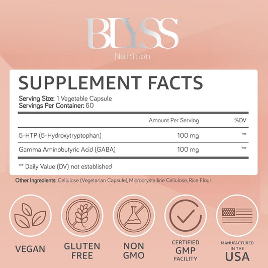 BLYSS Nutrition 5HTP Plus GABA label close-up promoting calm evening routine.