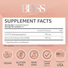 BLYSS Nutrition 5HTP Plus GABA label close-up promoting calm evening routine.