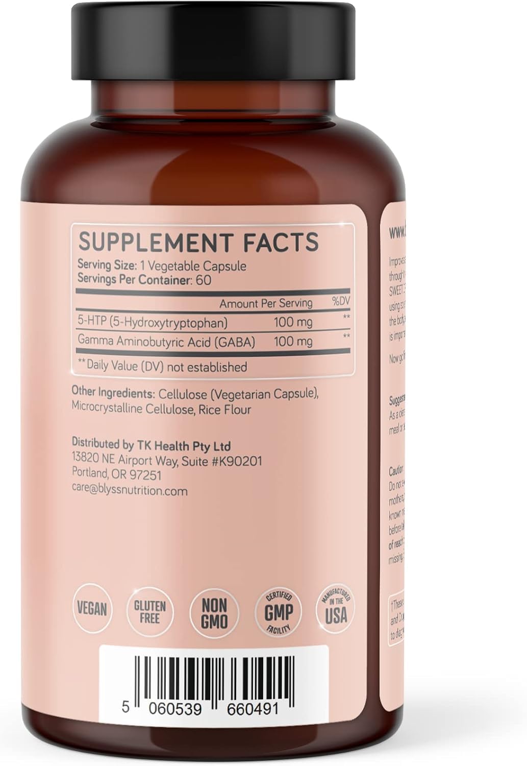 BLYSS 5HTP Plus GABA bottle in a calming sleep setup.