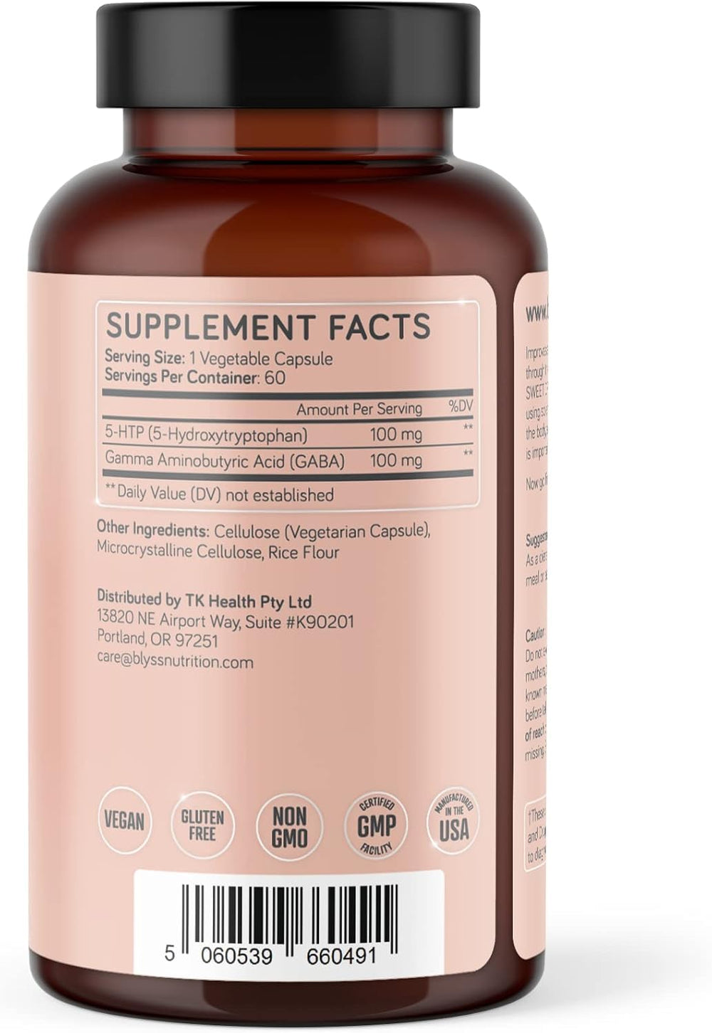 BLYSS 5HTP Plus GABA bottle in a calming sleep setup.