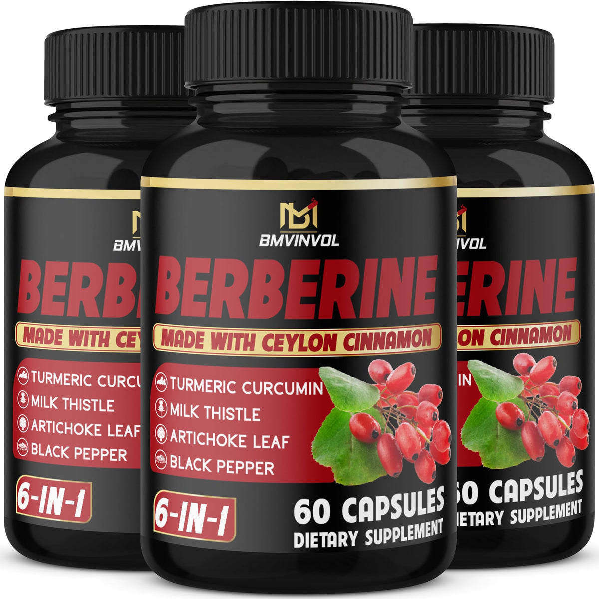 BMVINVOL berberine cinnamon supplement packaging in a three-pack for six months.