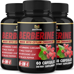 BMVINVOL berberine cinnamon supplement packaging in a three-pack for six months.