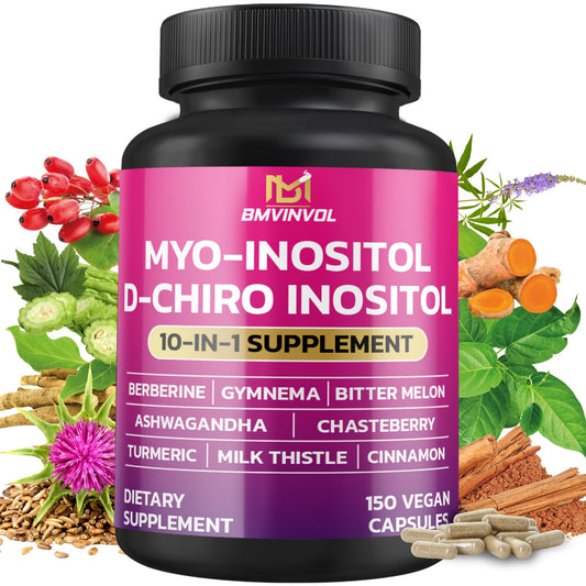 BMVINVOL Inositol bottle displaying Myo-Inositol and D-Chiro Inositol for daily wellness.