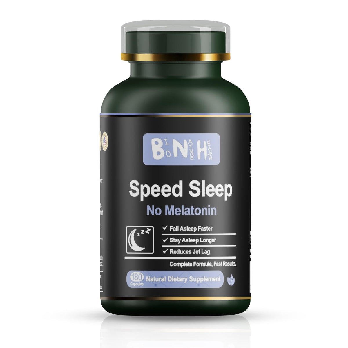 BNH Melatonin-Free Sleep Aid bottle on nightstand promotes natural relaxation for better sleep.