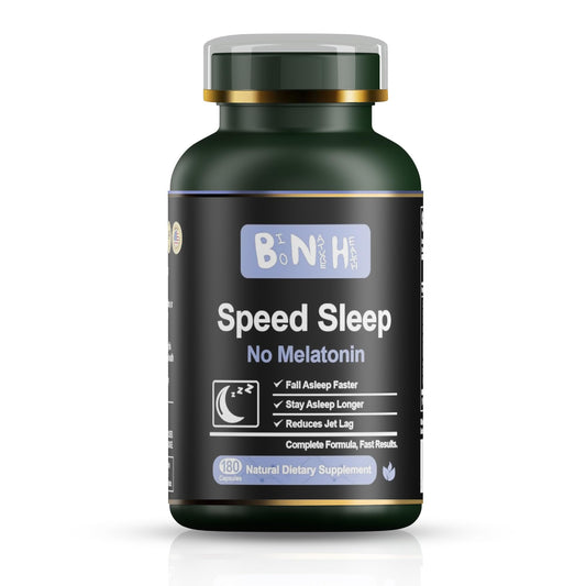 BNH Melatonin-Free Sleep Aid bottle on nightstand promotes natural relaxation for better sleep.