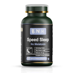 BNH Melatonin-Free Sleep Aid bottle on nightstand promotes natural relaxation for better sleep.