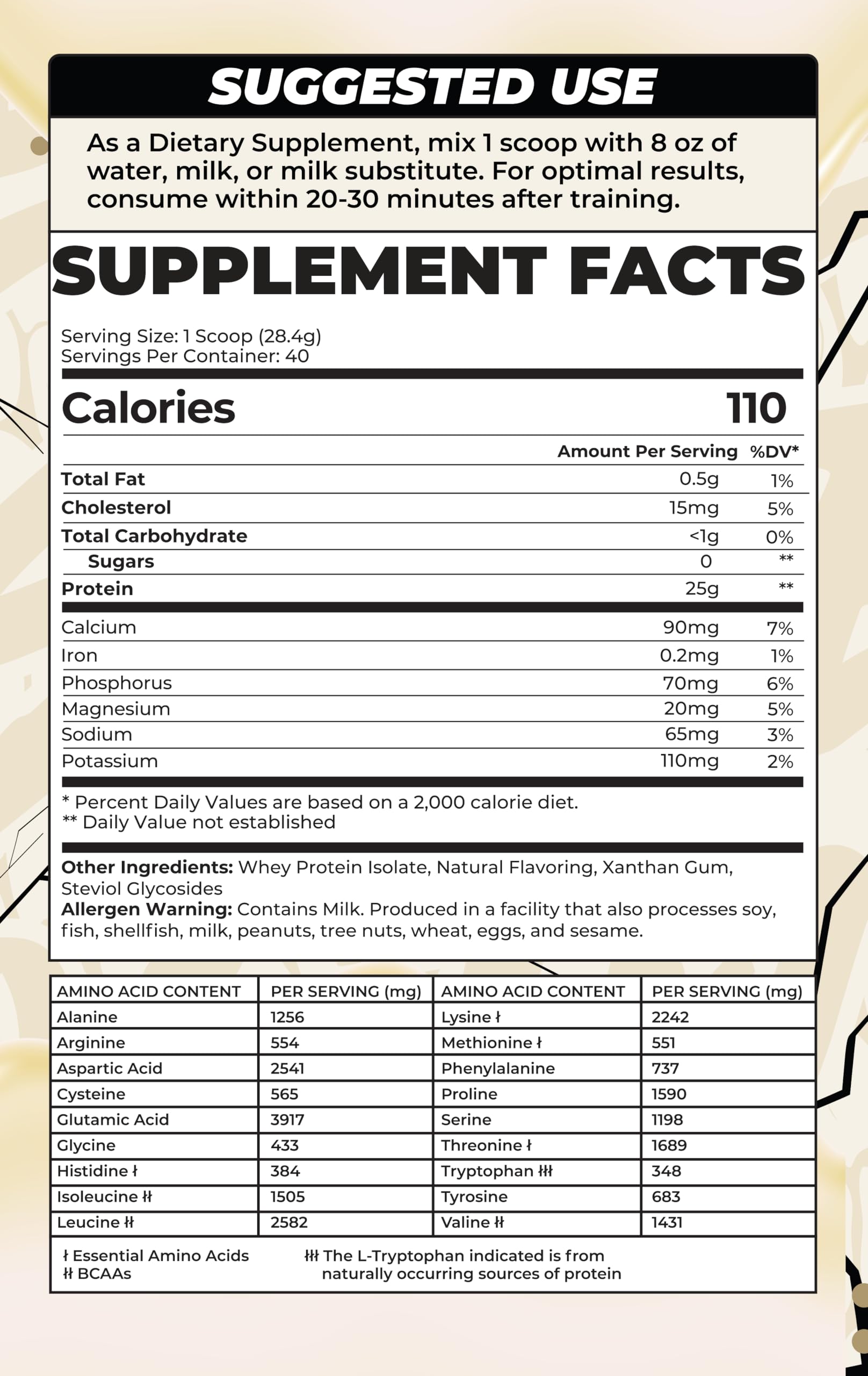 BOA Isolate Protein nutrition label closeup with 25g per scoop information