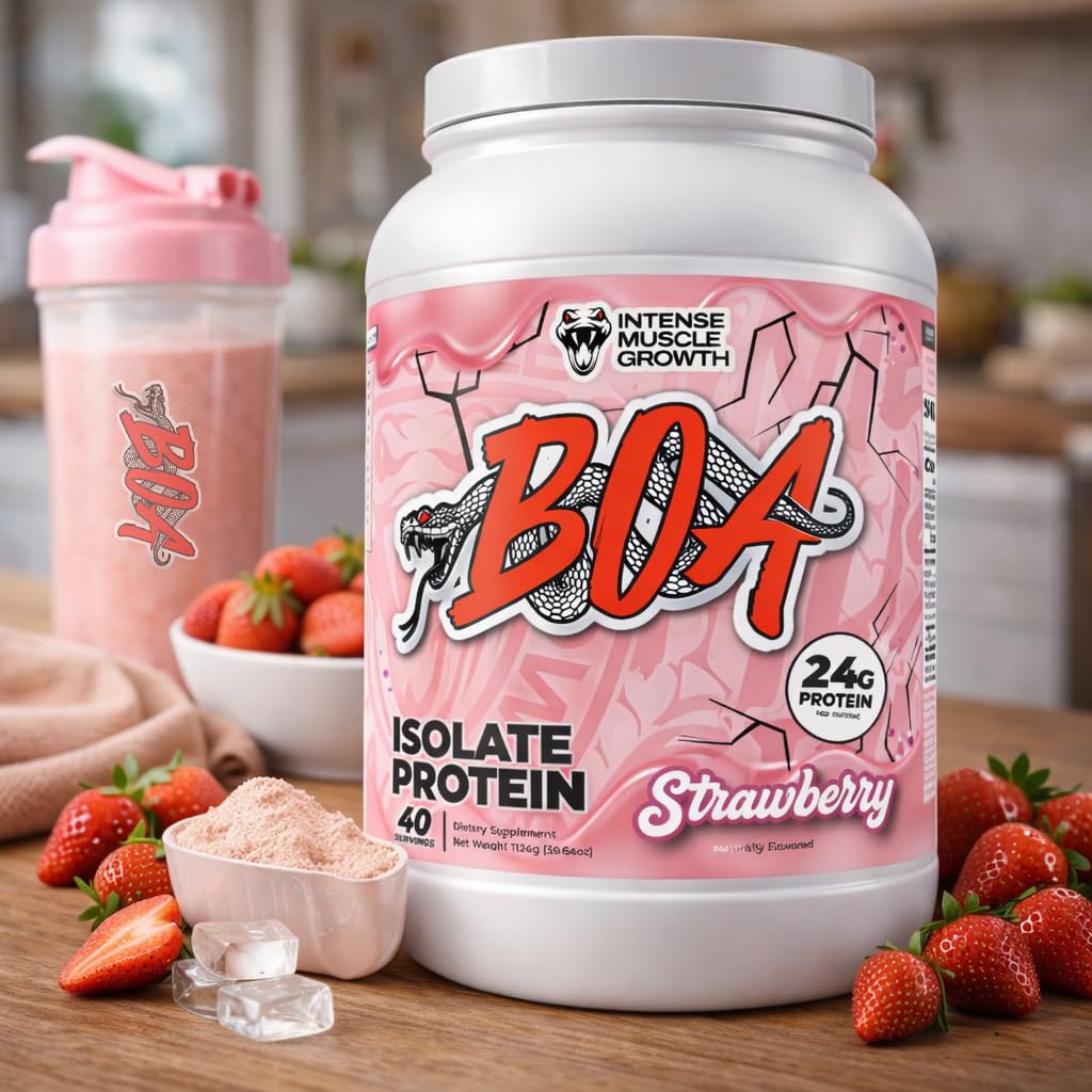 BOA Isolate Protein strawberry scoop for a 24–25g serving.