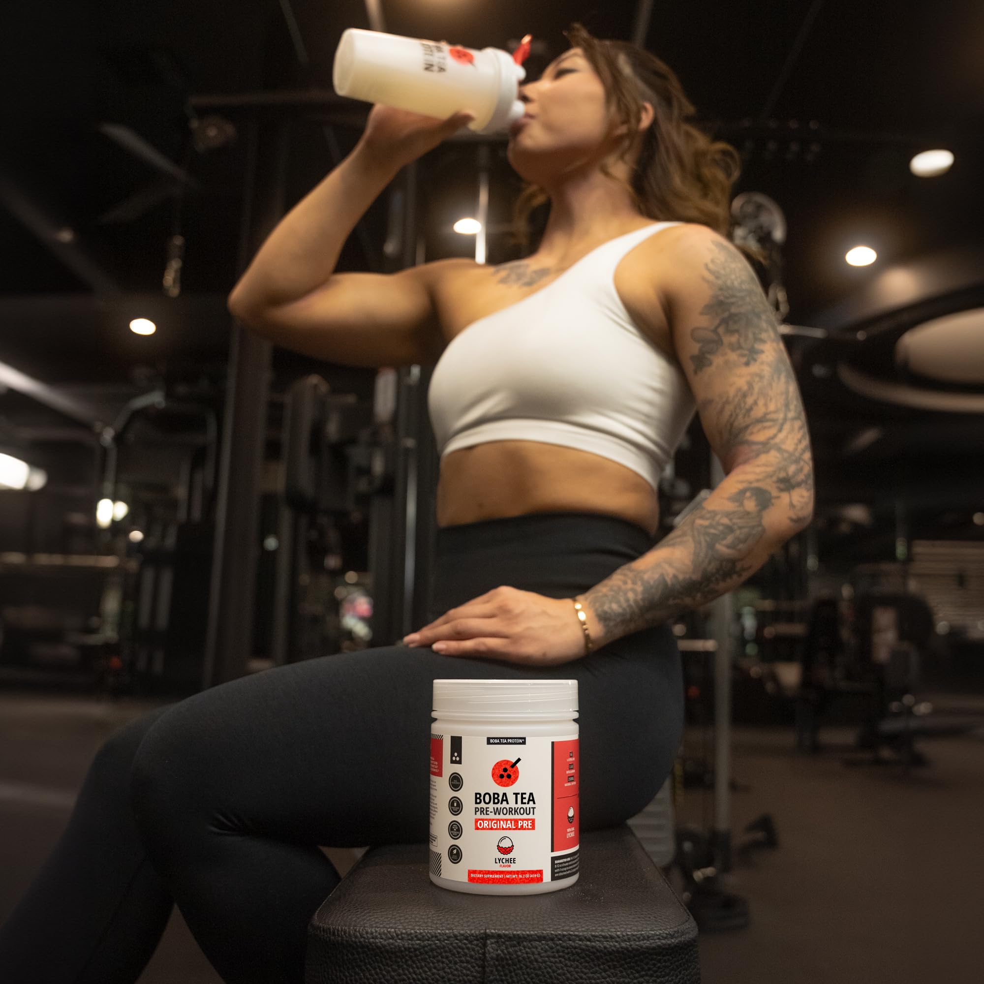 Gym session with Boba Tea Protein bottle illustrates versatile use for athletes.