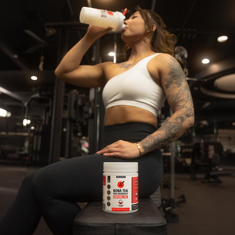 Gym session with Boba Tea Protein bottle illustrates versatile use for athletes.