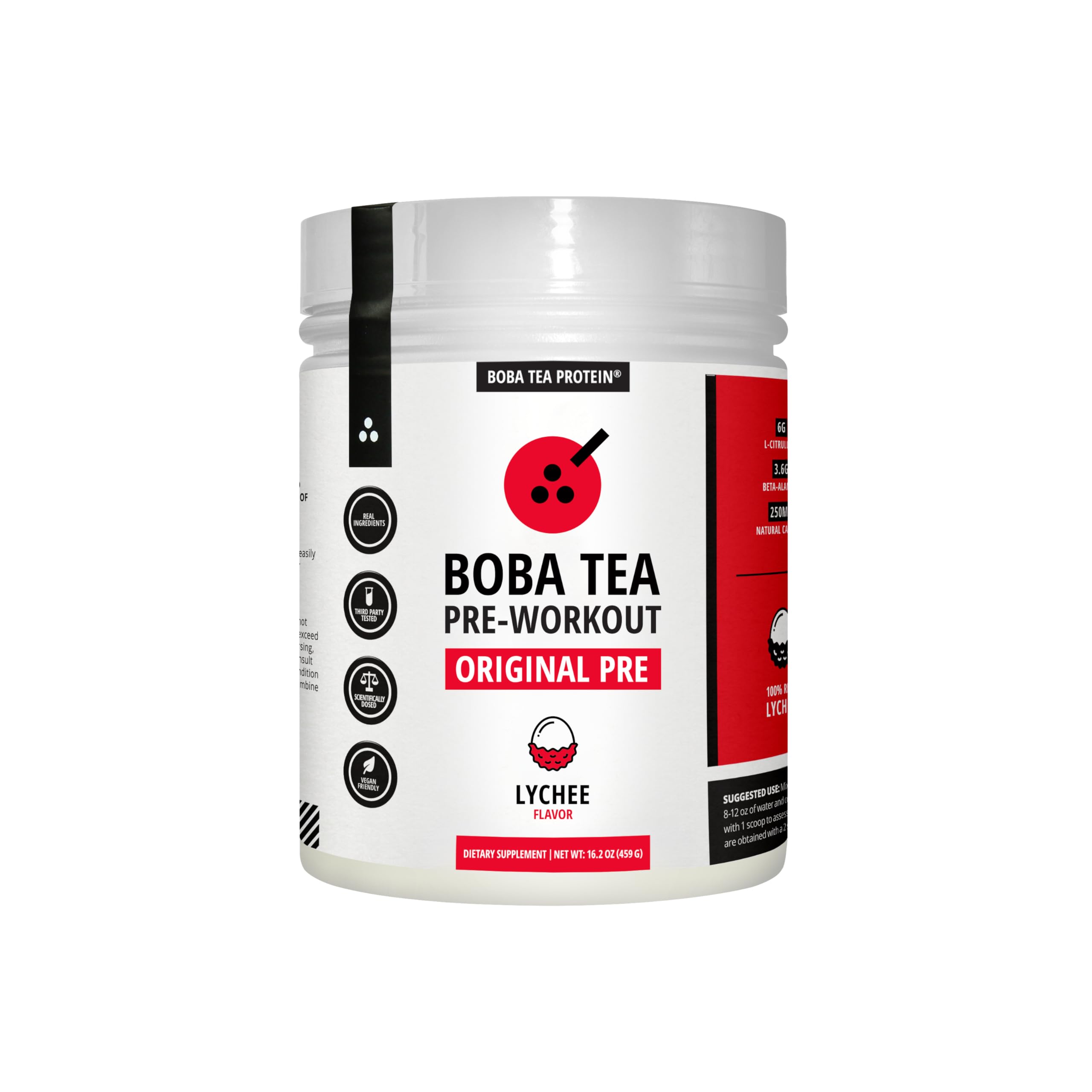 Boba Tea Protein Lychee preworkout container shows premium formula for focused workouts.