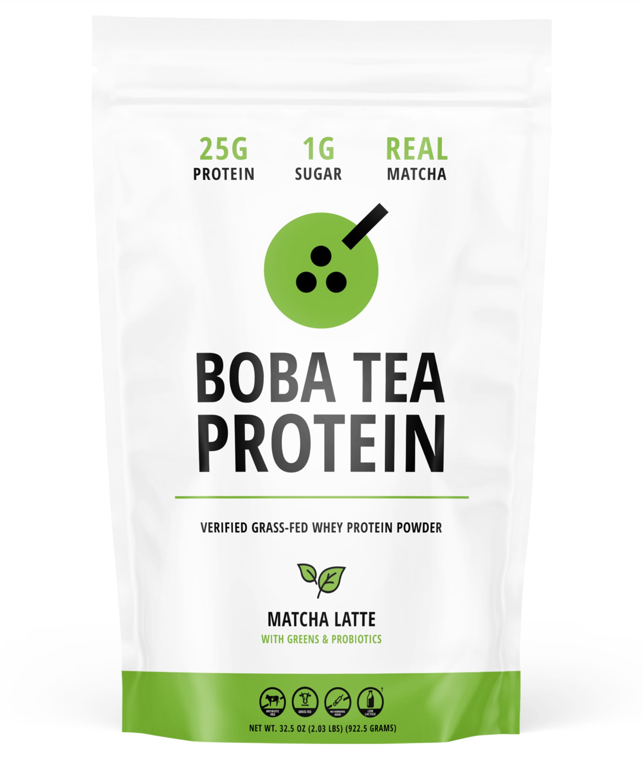 Boba Tea Protein Matcha Latte canister label highlights real ingredients for authentic flavor.
