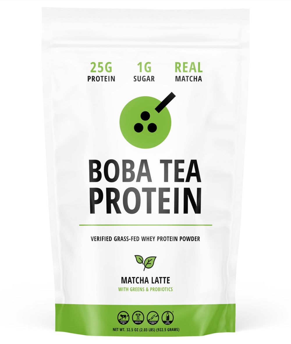 Boba Tea Protein Matcha Latte canister label highlights real ingredients for authentic flavor.
