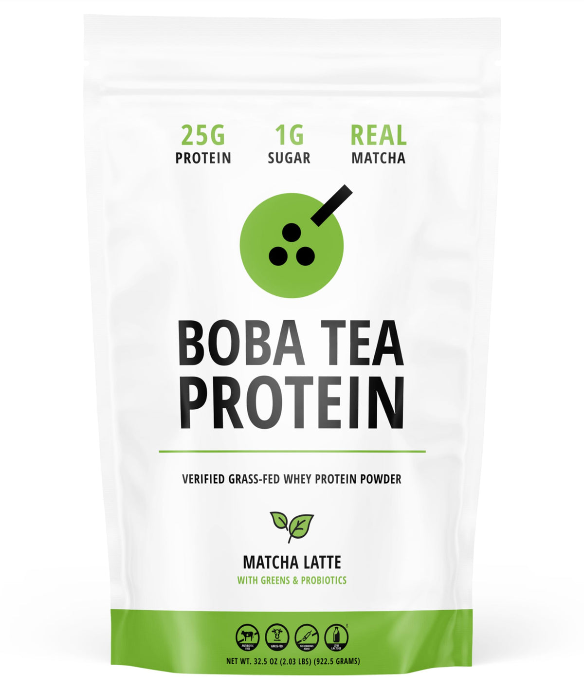 Boba Tea Protein Matcha Latte canister label highlights real ingredients for authentic flavor.