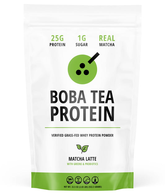 Boba Tea Protein Matcha Latte canister label highlights real ingredients for authentic flavor.