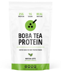 Boba Tea Protein Matcha Latte canister label highlights real ingredients for authentic flavor.