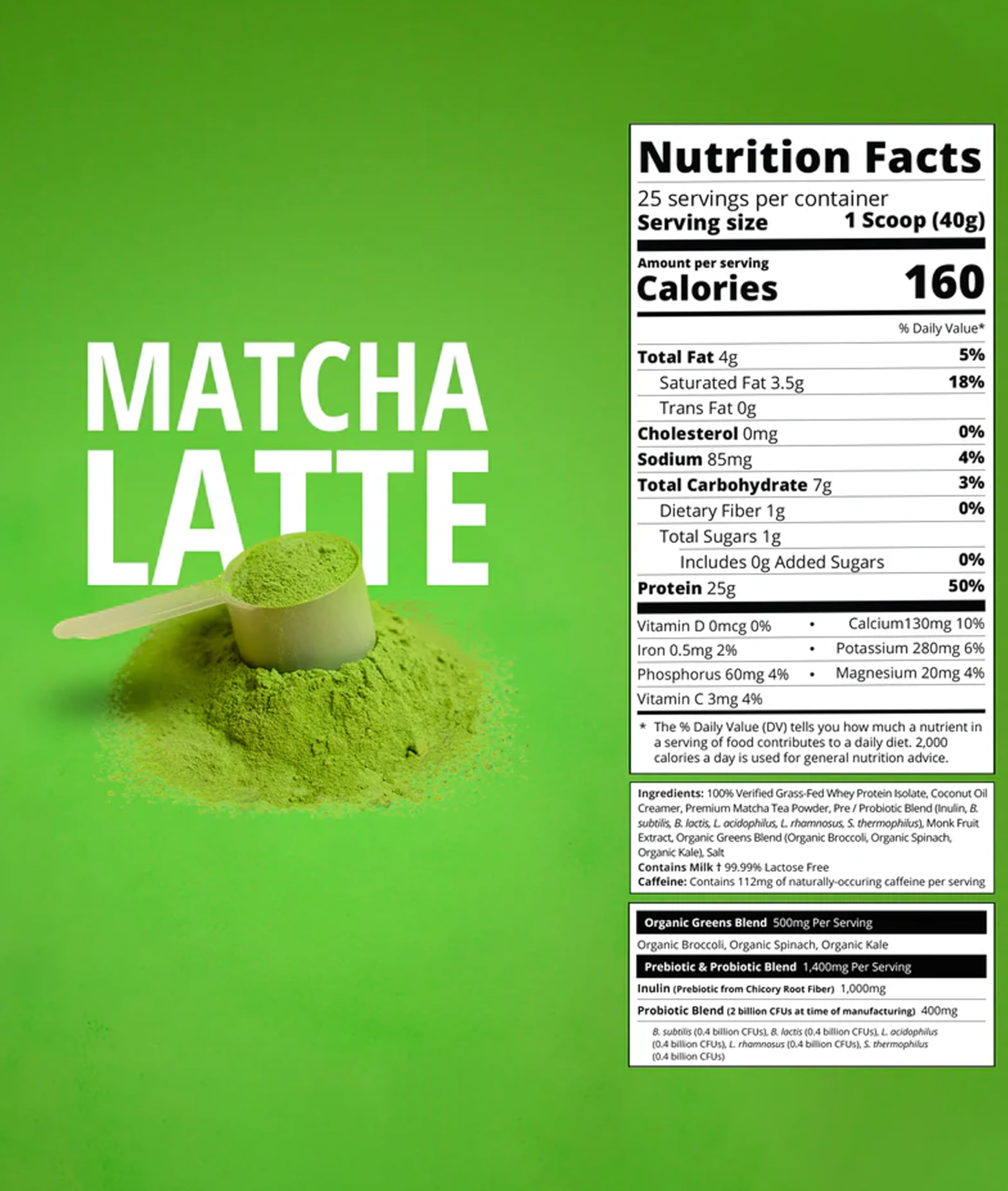 Measuring scoop beside Boba Tea Protein Matcha Latte enables easy portions.