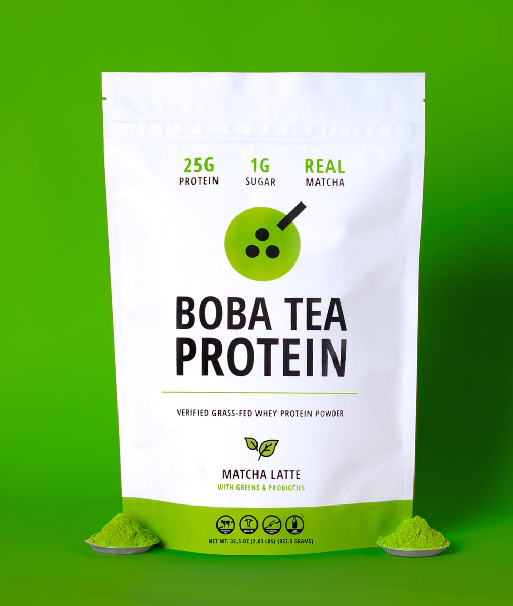 Nutrition card for Boba Tea Protein Matcha Latte highlights low carb option.