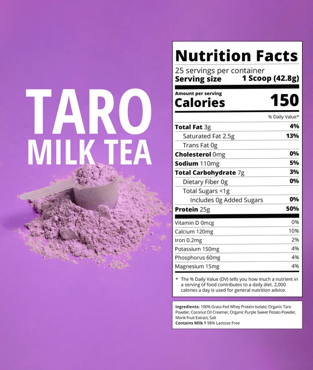 Boba Tea Protein taro milk powder in measuring cup ready for shake.