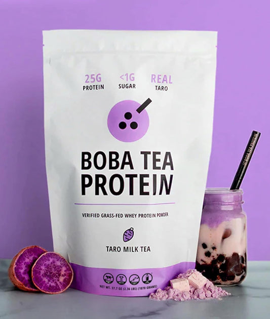 Boba Tea Protein taro milk powder with scoop for quick on-the-go protein.