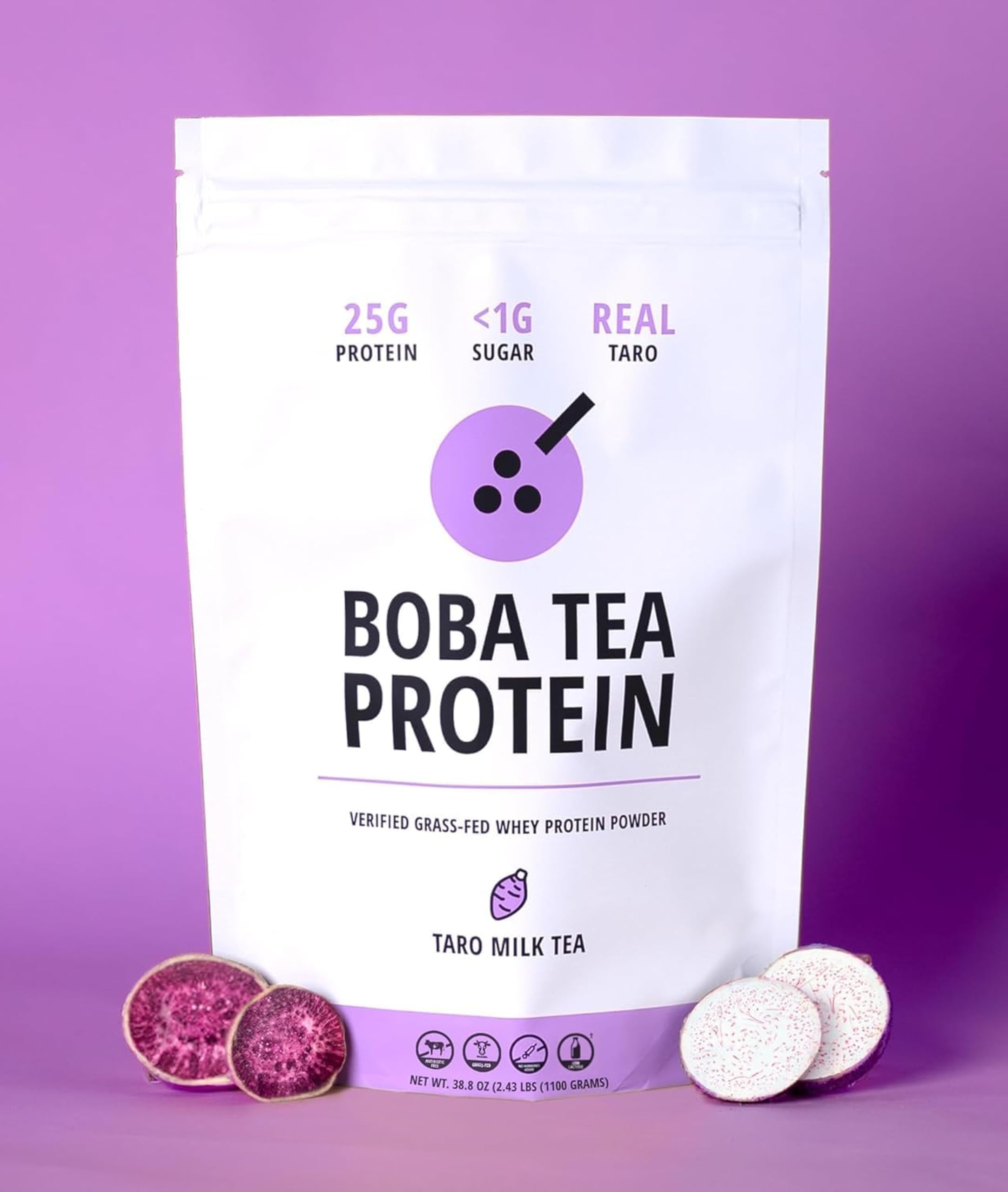 Boba Tea Protein taro milk serving glass with straw is tasty tea moment.