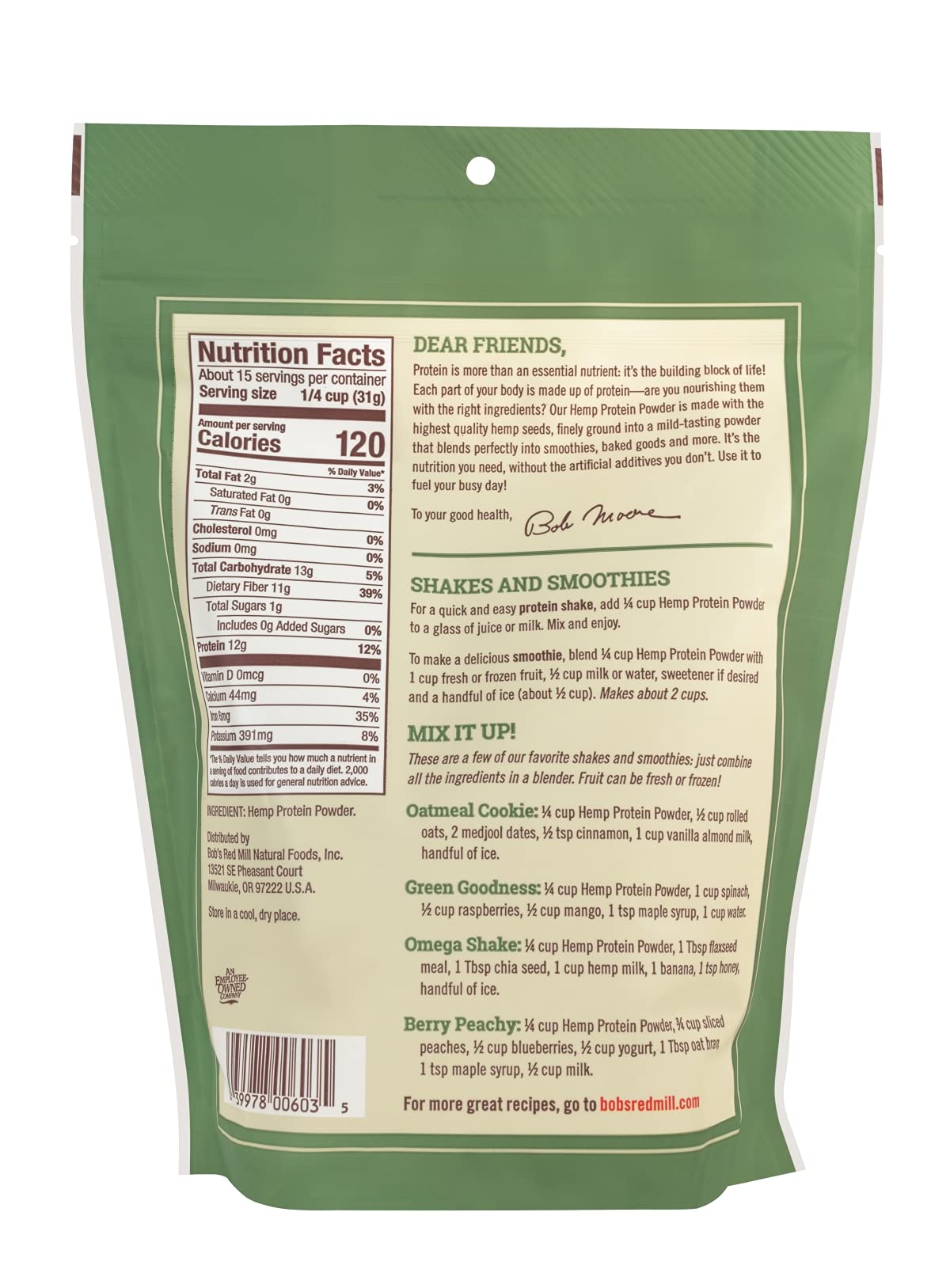 Bob's Red Mill hemp protein powder dissolves easily into a shake