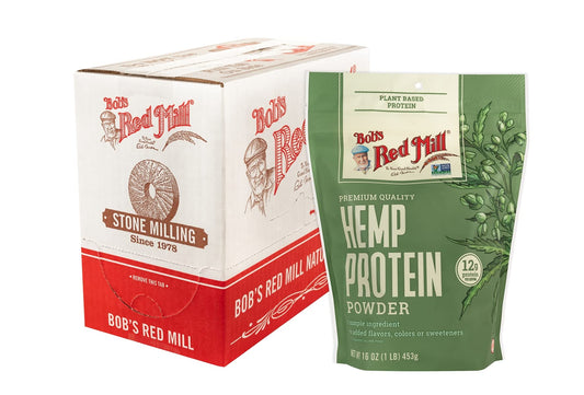 Bob's Red Mill hemp protein powder tub front ready for smoothies