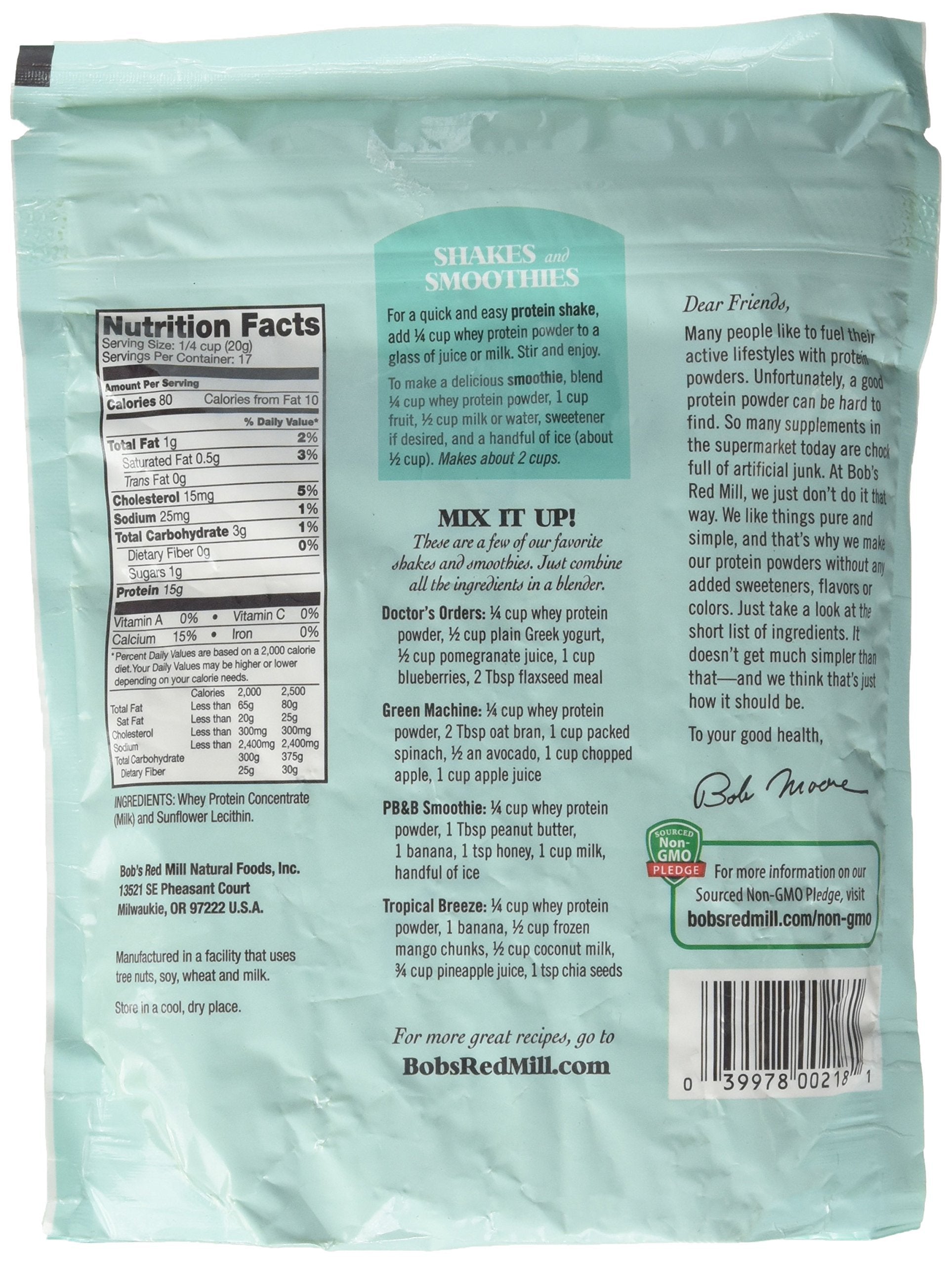 Bob's Red Mill Whey Protein Concentrate label closeup highlighting high-quality protein.
