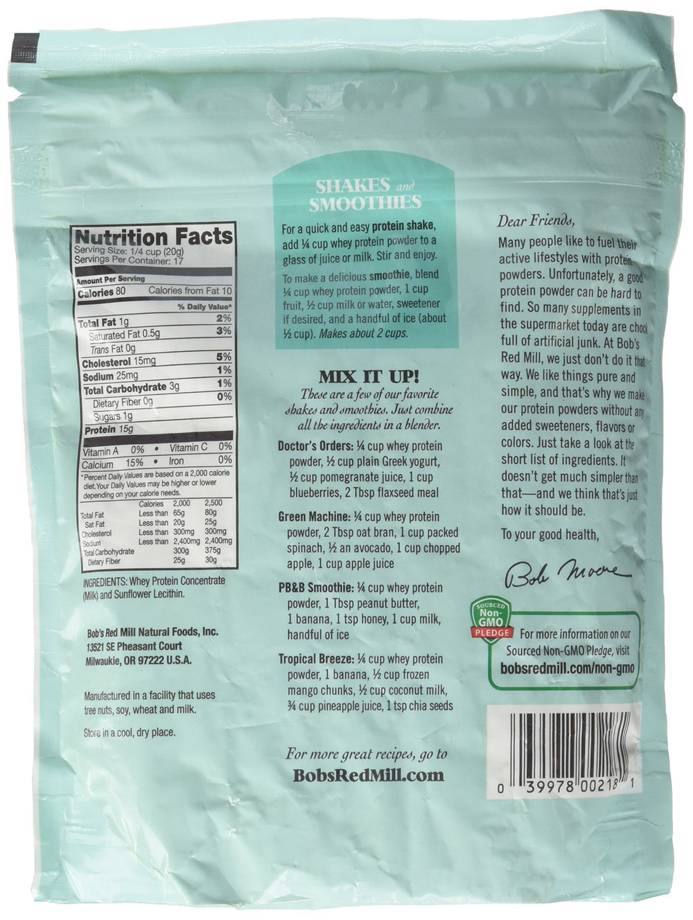 Bob's Red Mill Whey Protein Concentrate label closeup highlighting high-quality protein.