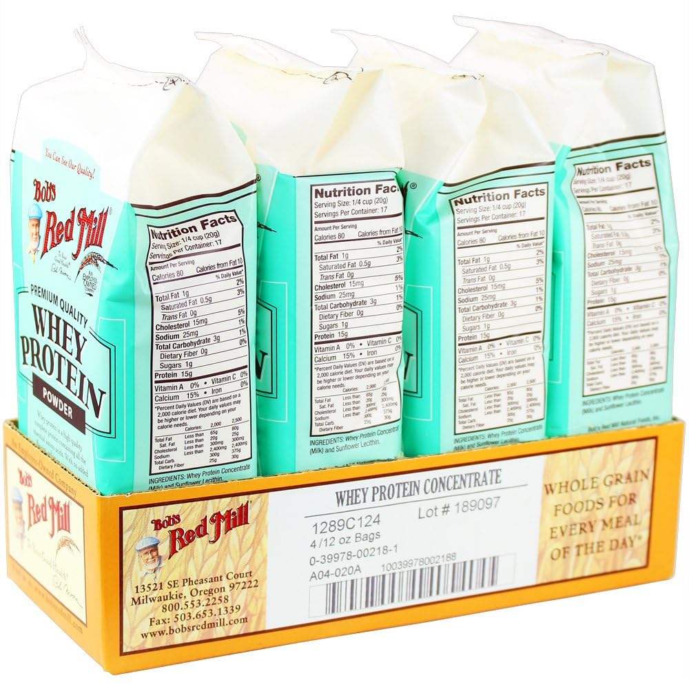 Bob's Red Mill Whey Protein Concentrate powder texture in bowl without additives.