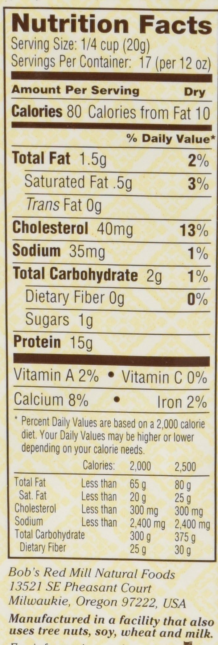 Bob's Red Mill Whey Protein Concentrate storage and measuring cup with bag.