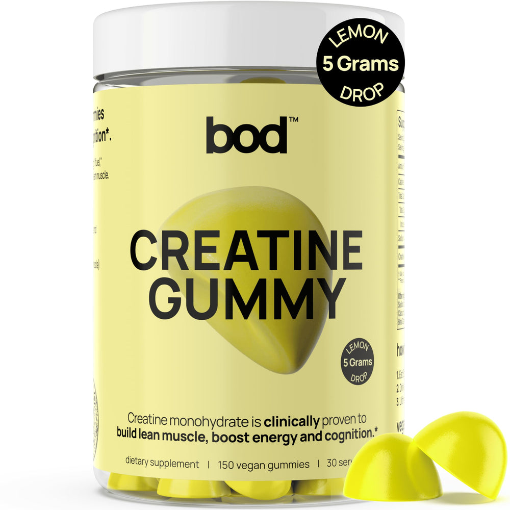 BOD Creatine Gummies bottle in lemon drop flavor for on-the-go energy