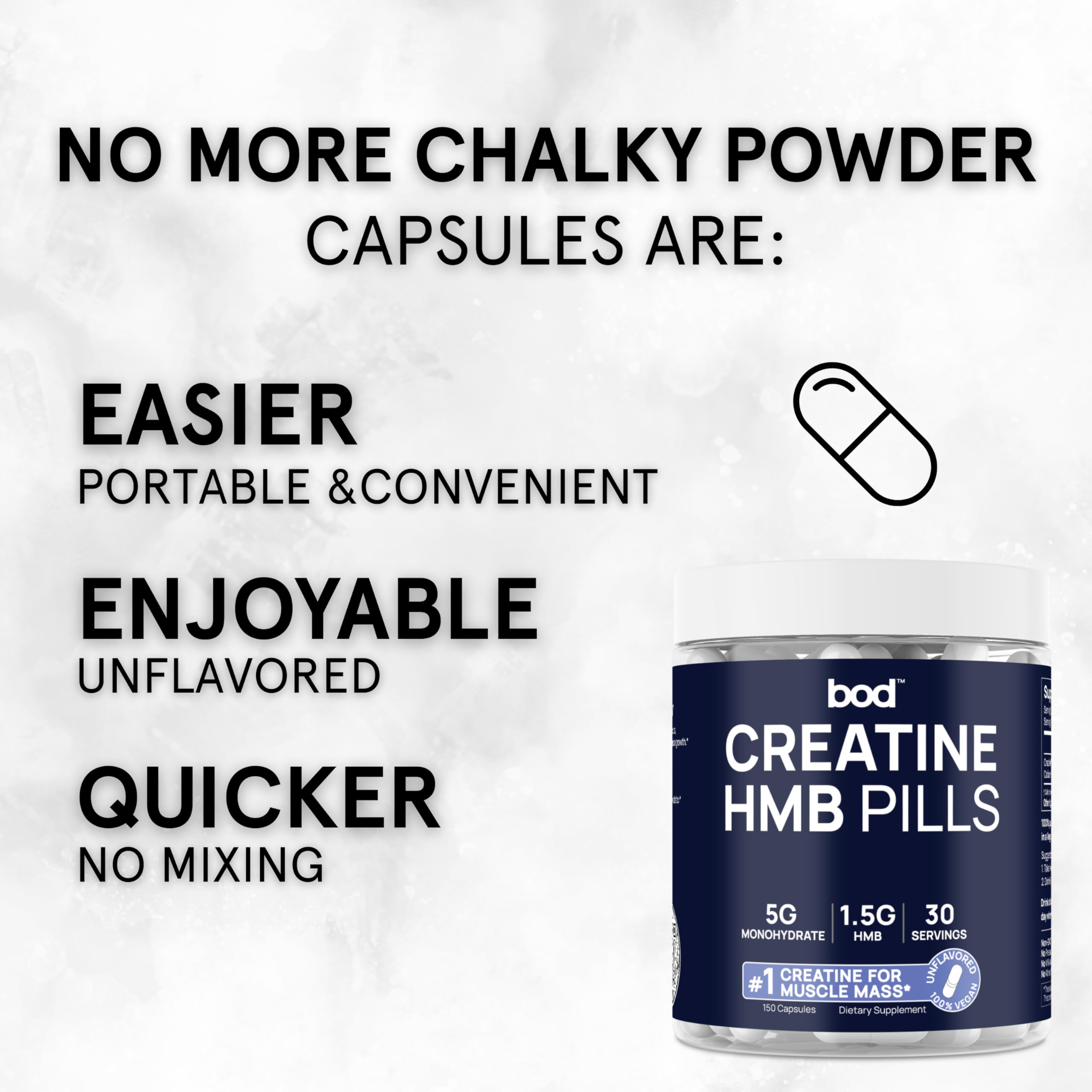 BOD Creatine HCL capsules close-up highlighting compact unflavored design.