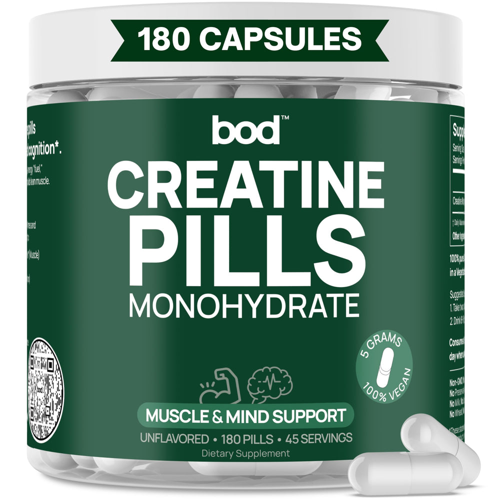 Bod creatine capsules bottle-front shows clean packaging for easy daily use.