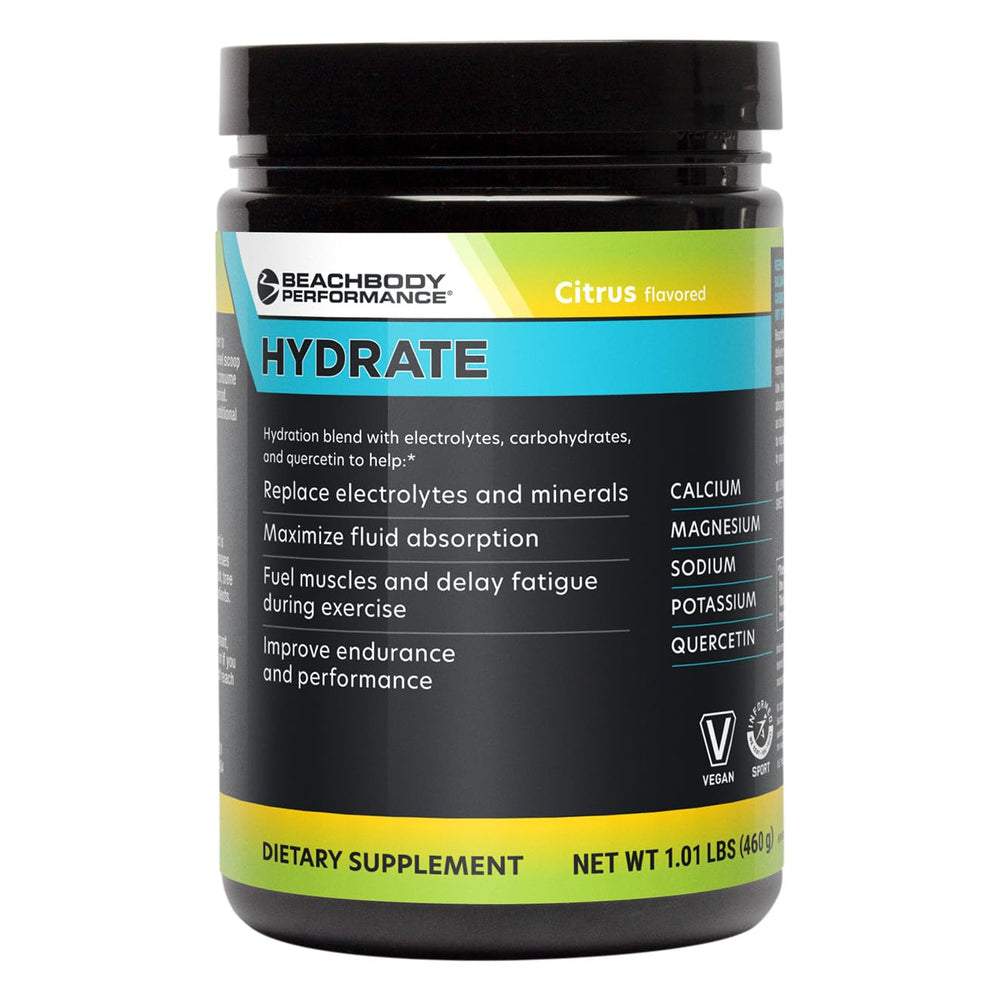 BODi Hydrate citrus tub front label highlighting electrolyte powder for athletes