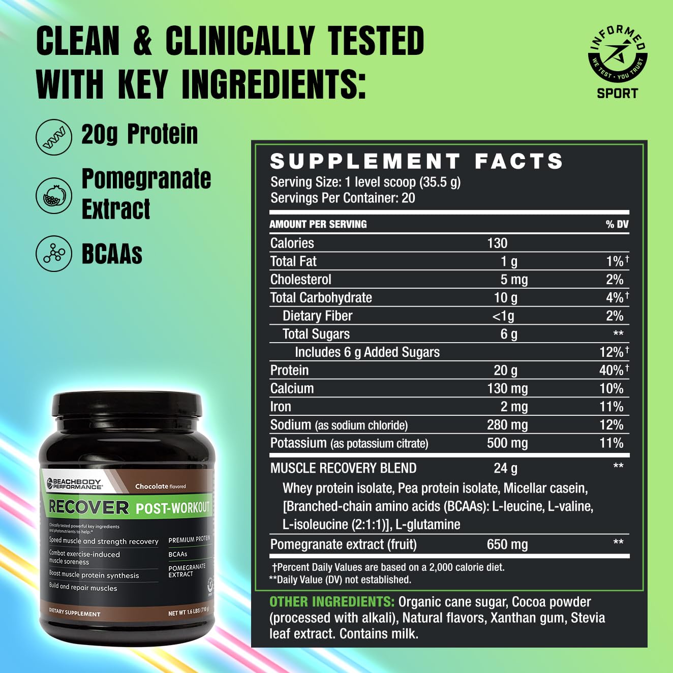 Scoop of BODi Recover provides 20g protein per serving for lean muscle