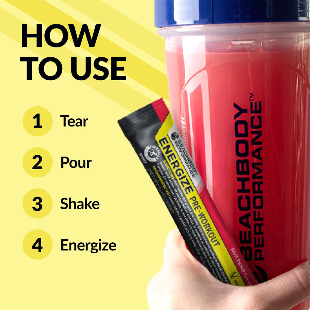 BODi Energize shaker preparing mixed powder for a quick workout sip