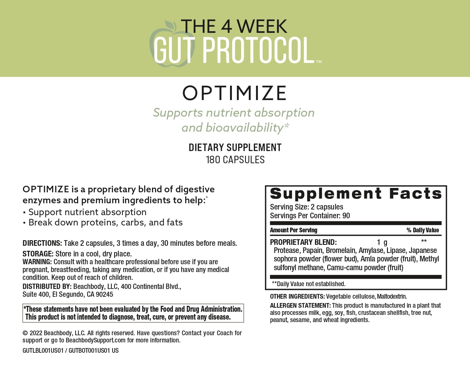 BODi Optimize bottle highlighting enzyme blend for nutrient absorption.