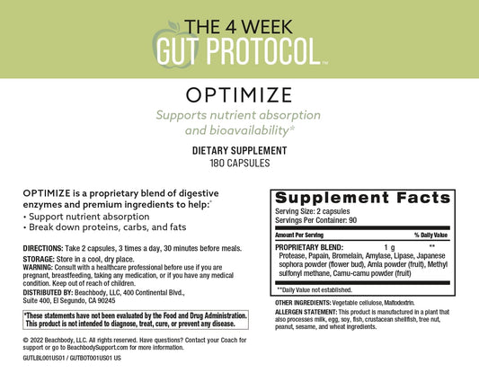 BODi Optimize bottle highlighting enzyme blend for nutrient absorption.
