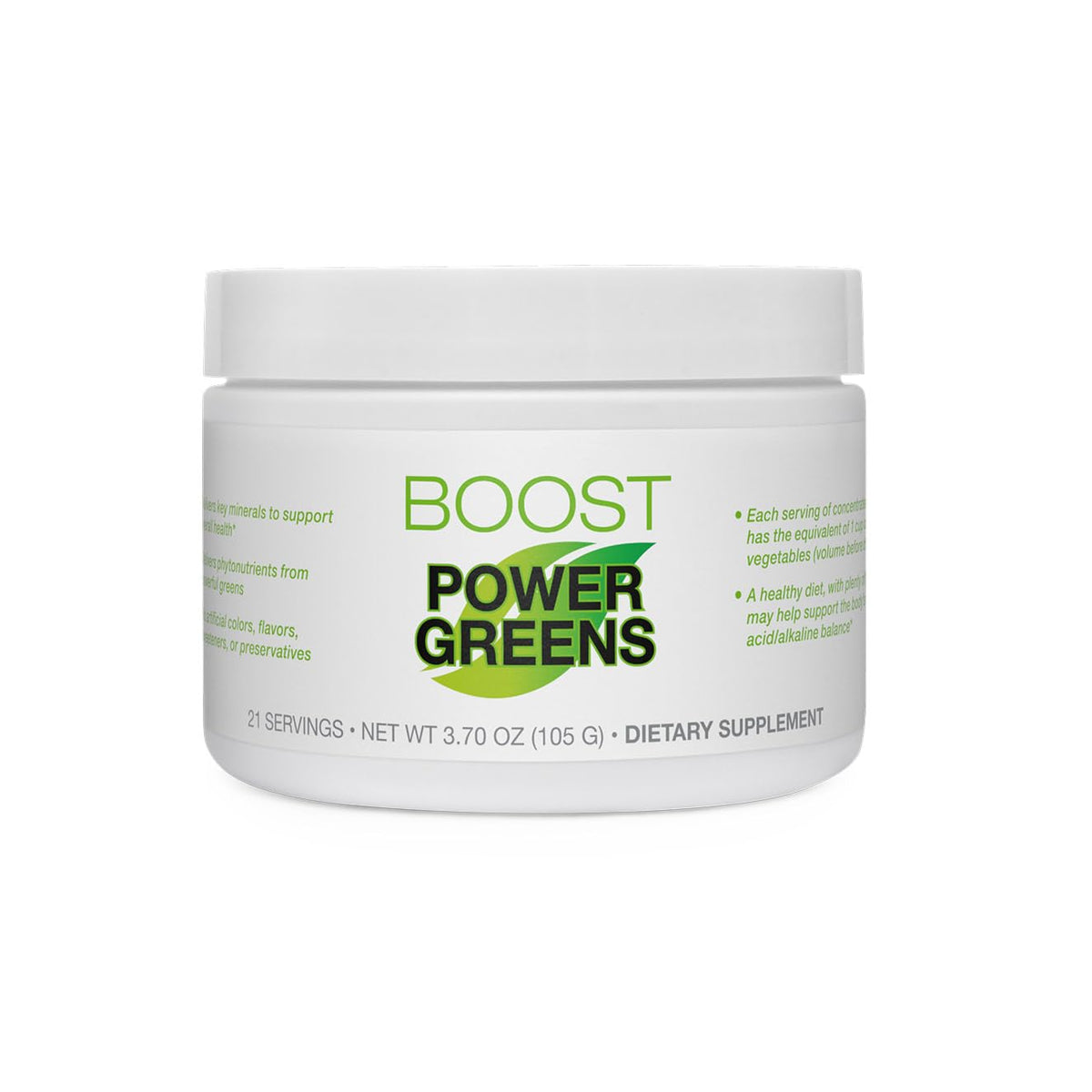 BODi Power Greens Boost container with label showing ingredients and 21 servings