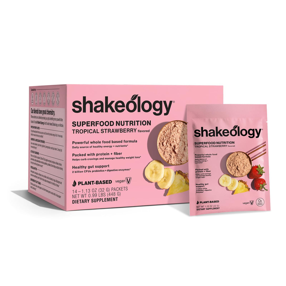 BODi Shakeology Tropical Strawberry tub highlights 16g protein per serving for lean muscle.