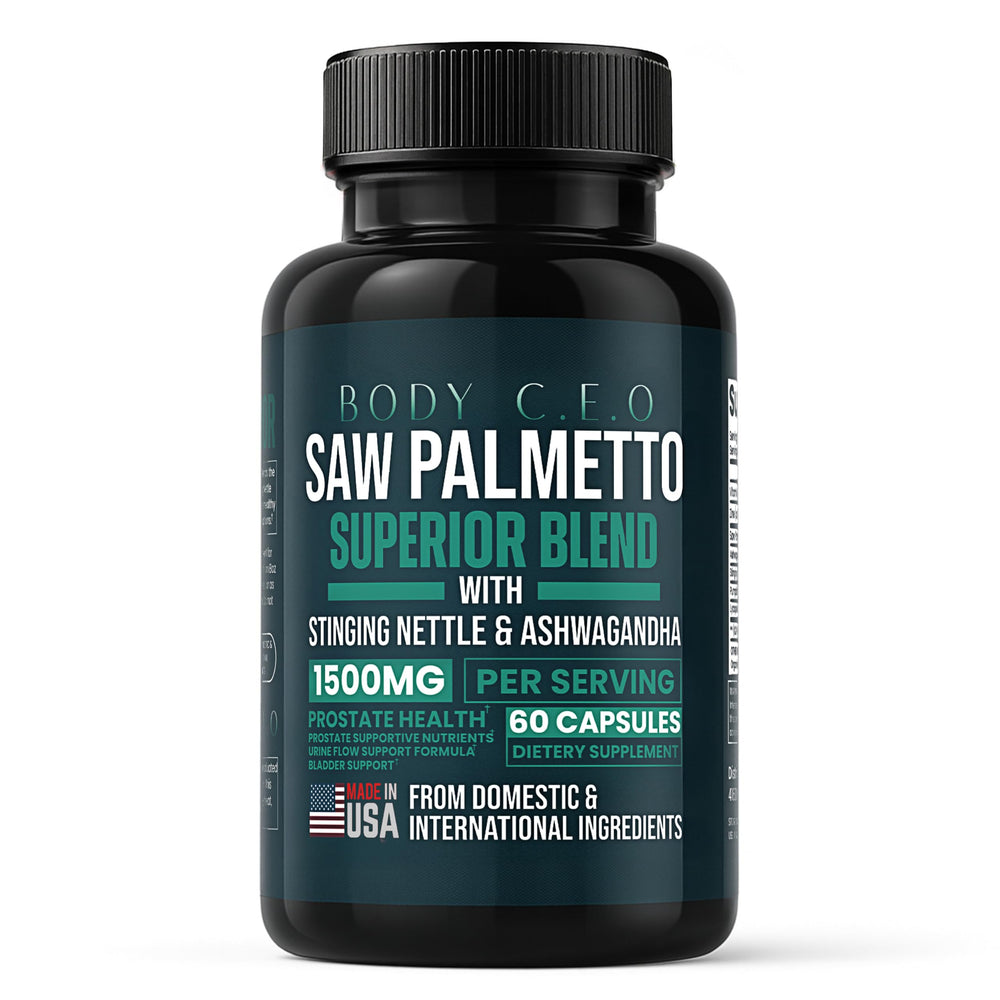 BODY C.E.O. Saw Palmetto bottle for daily urinary support.