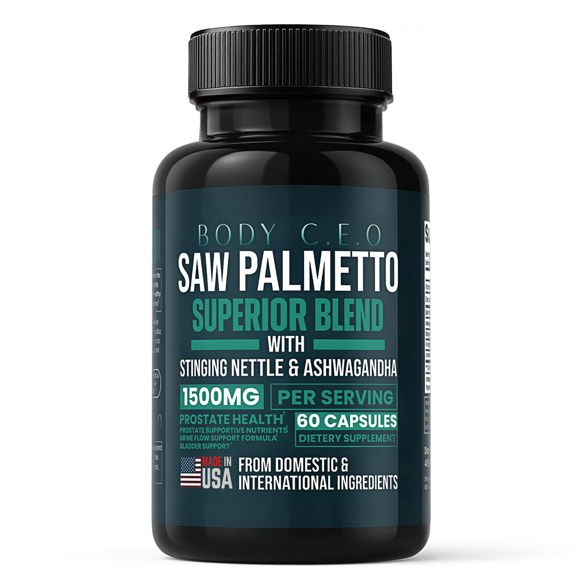 BODY C.E.O. Saw Palmetto bottle for daily urinary support.