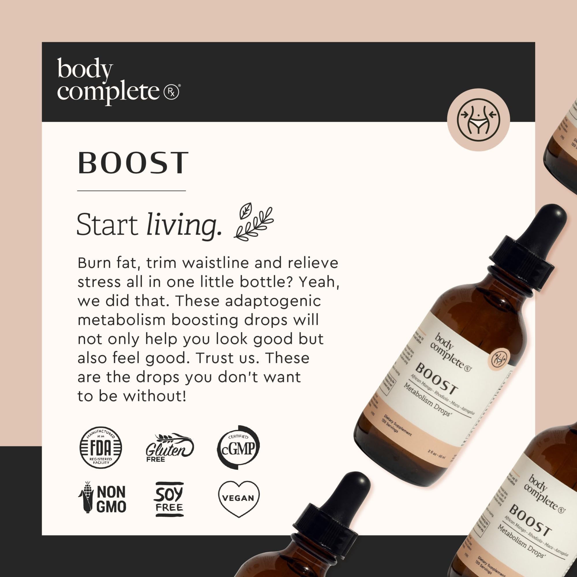 Body Complete Rx Boost Drops bottle shown for smoothie absorption