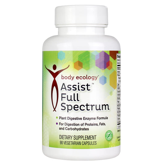 Body Ecology Assist full spectrum enzymes bottle shown for post-meal digestion support