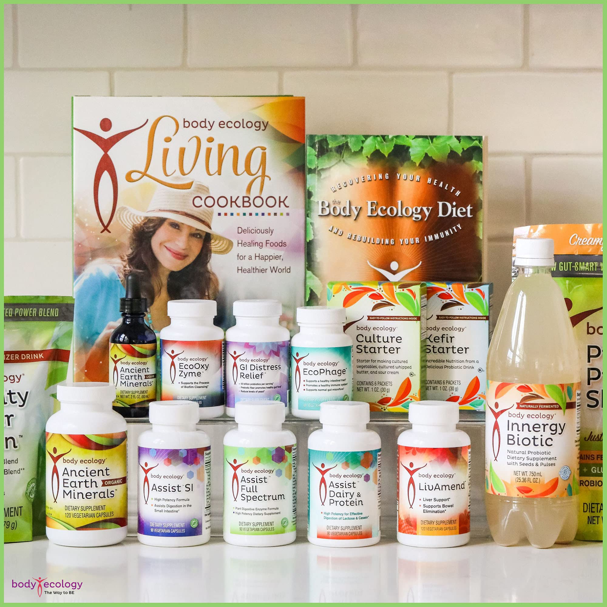 Body Ecology Assist bottle in a kitchen scene with natural ingredients