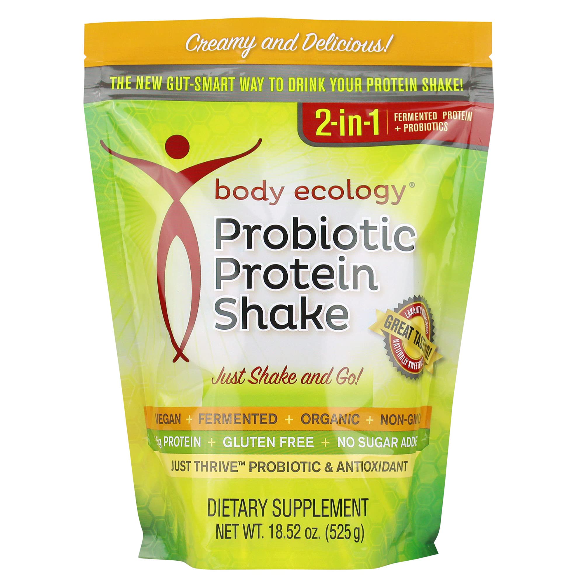 Body Ecology Probiotic Protein Shake bottle closeup, plant-based energy