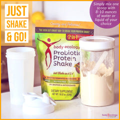 Body Ecology Probiotic Protein Shake being poured into a glass, smooth flavor