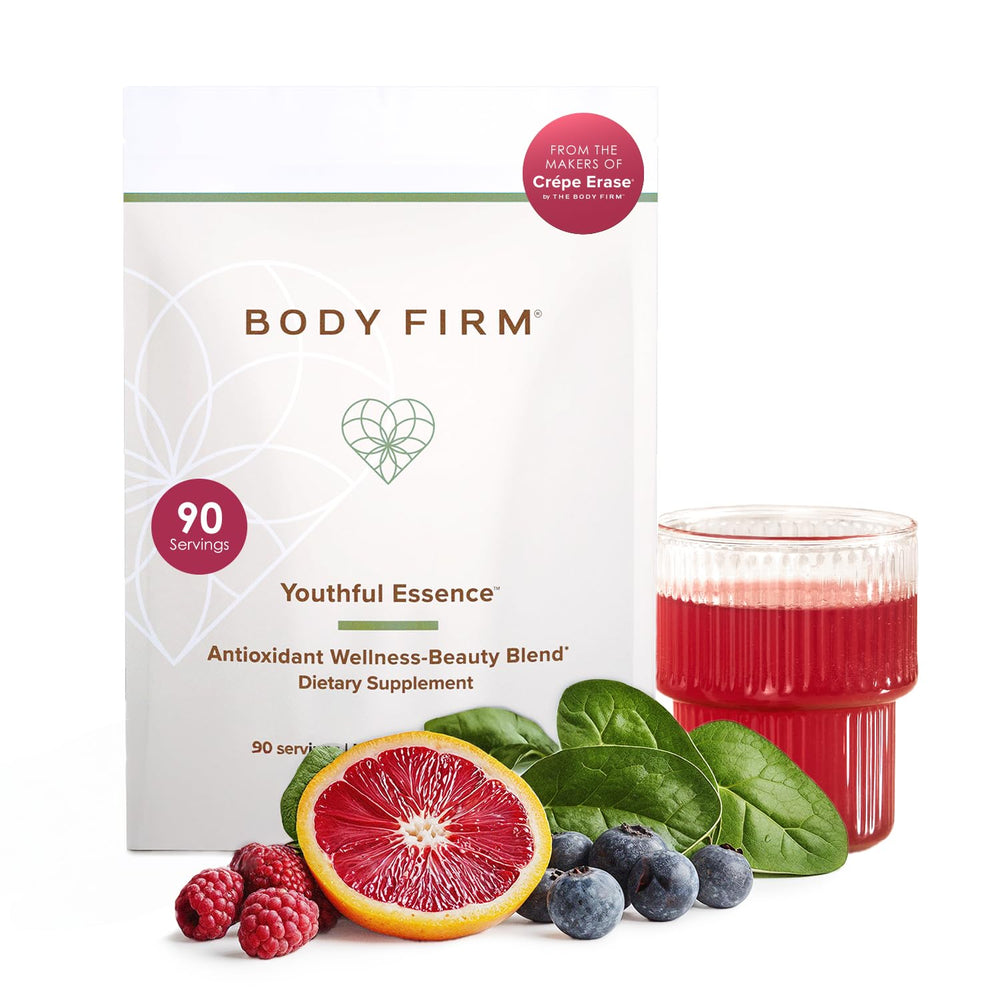 Body Firm Youthful Essence bottle pour, convenient daily antioxidant ritual for skin support.