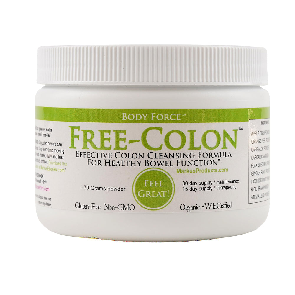 Body Force Colon Formula powder bottle pour for convenient detox preparation.